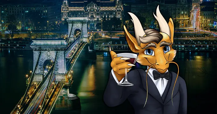 The picture shows a golden cartoon dragon in black tones holding a wine glass with casual elegance. The Danube and the Chain Bridge in Budapest can be seen in the nocturnal background, with a view from Buda towards Pest.