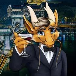 The picture shows a golden cartoon dragon in black tones holding a wine glass with casual elegance. The Danube and the Chain Bridge in Budapest can be seen in the nocturnal background, with a view from Buda towards Pest.